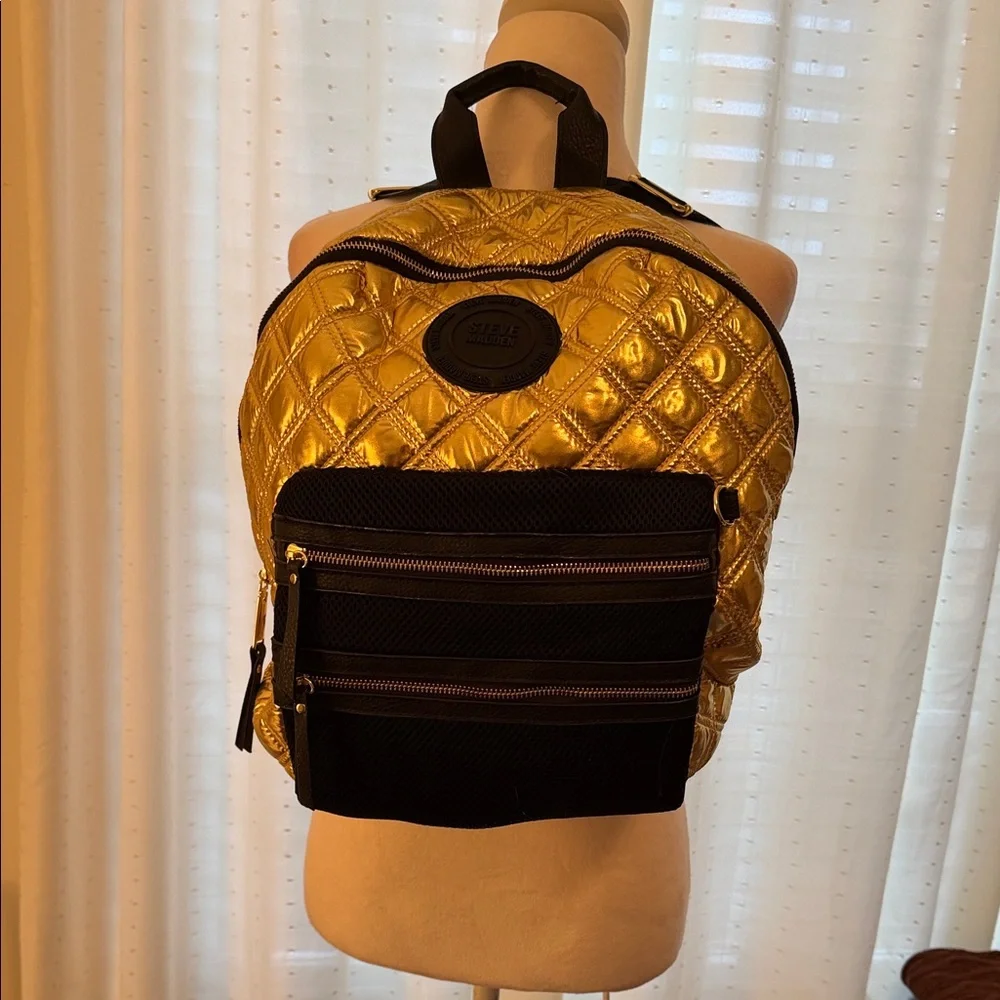 Steve Madden Quilted Metallic Gold and Black Backpack Set. - Picture 13 of 14